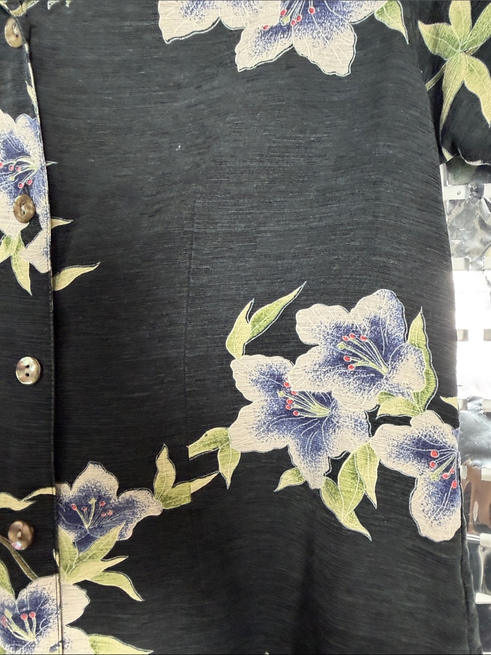 Tommy Bahama Black Button-Down Camp Shirt with Blue and White Floral Print - Picture 3 of 4